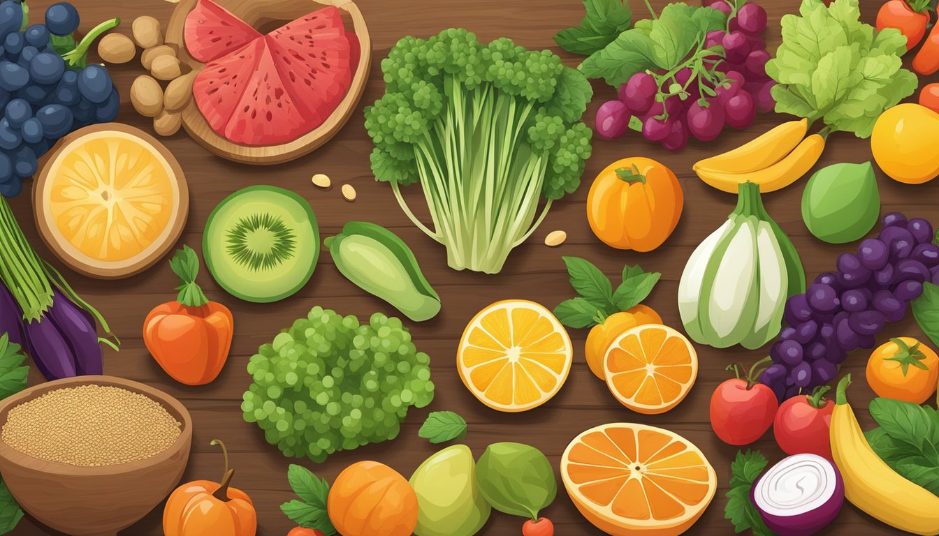 A colorful array of fresh fruits, vegetables, and whole grains arranged on a wooden cutting board