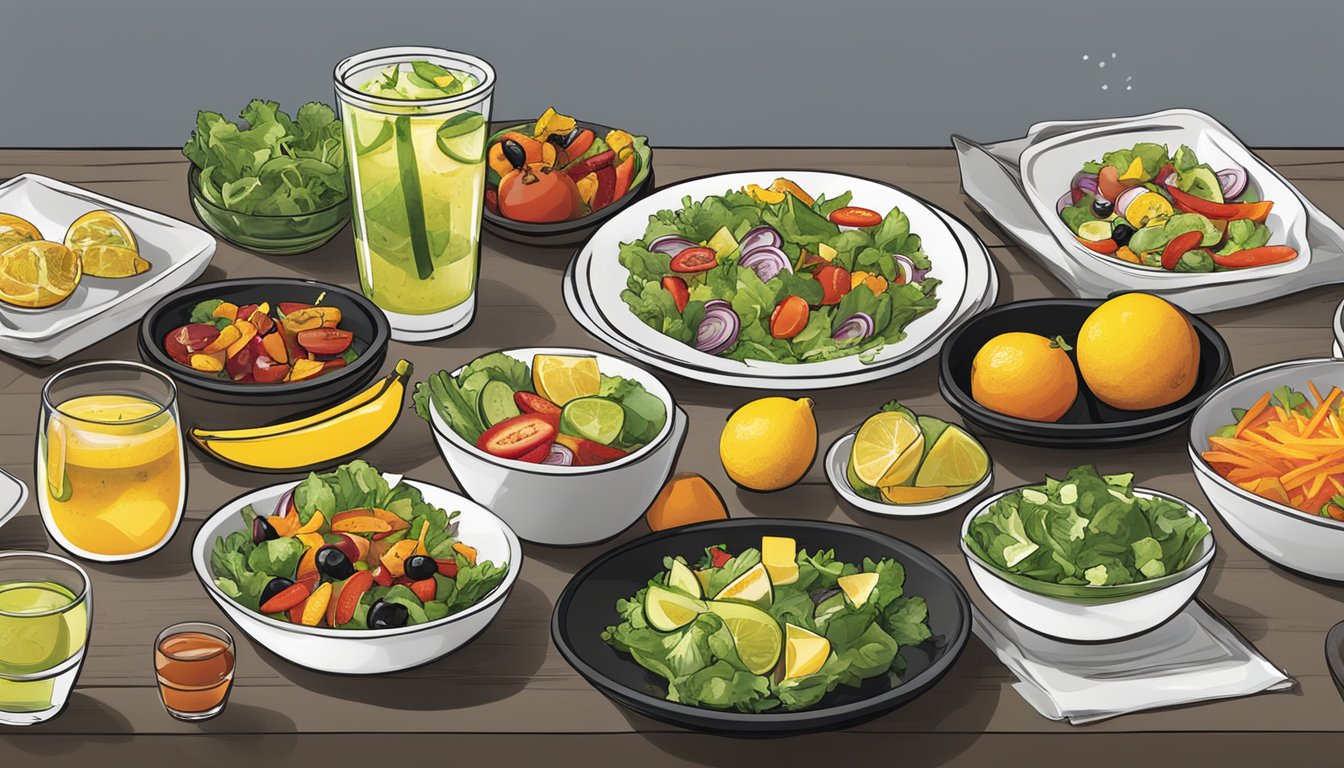 A table set with a variety of fresh salads, grilled vegetables, and fruit-infused water at a Buffalo Wild Wings restaurant