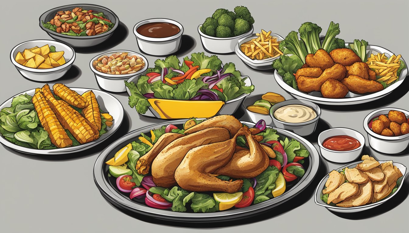 A table with a variety of nutritious food options at Buffalo Wild Wings, including salads, grilled chicken, and vegetable sides, displayed in an appetizing manner