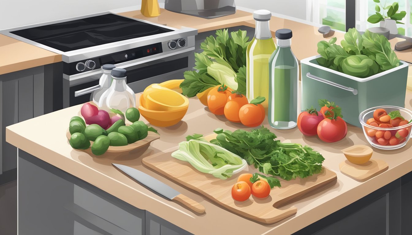 A kitchen counter with various fresh ingredients, cutting boards, and containers for meal prepping healthy options