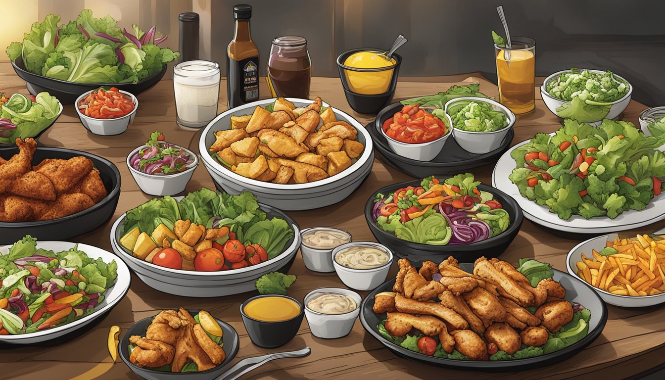 A table set with a variety of fresh vegetables, grilled chicken, and salads at Buffalo Wild Wings