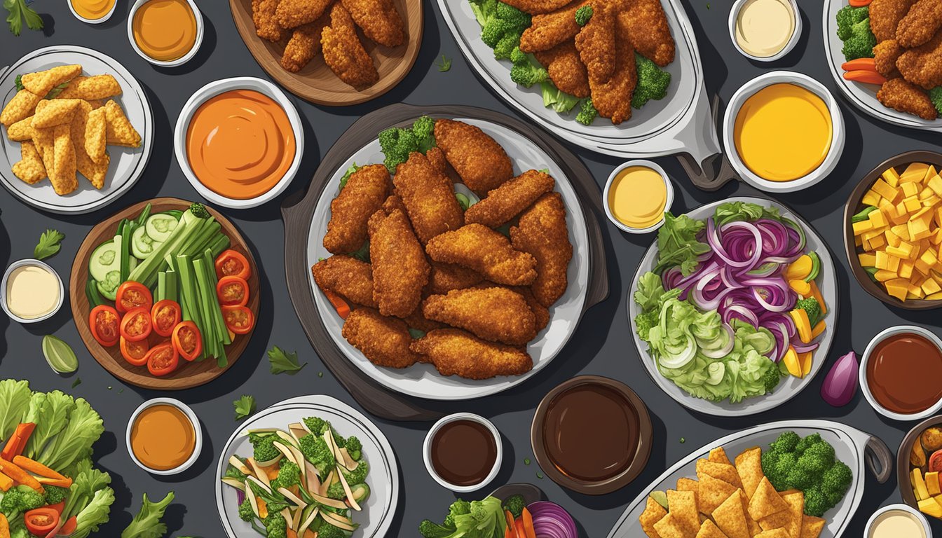 A table with a variety of buffalo wild wings dishes surrounded by colorful vegetable sides and a selection of dipping sauces