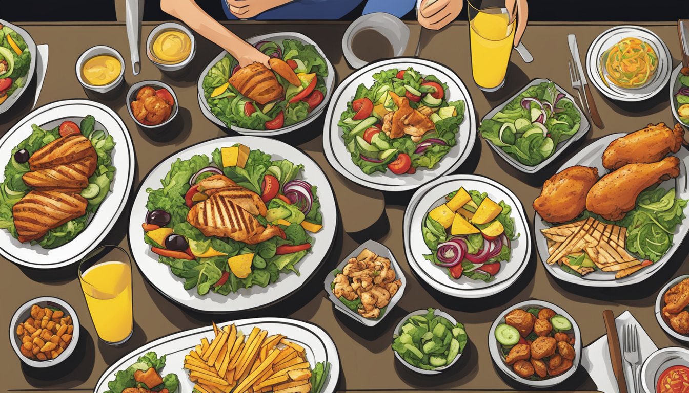 A table set with a variety of fresh salads, grilled chicken, and vegetable platters at Buffalo Wild Wings