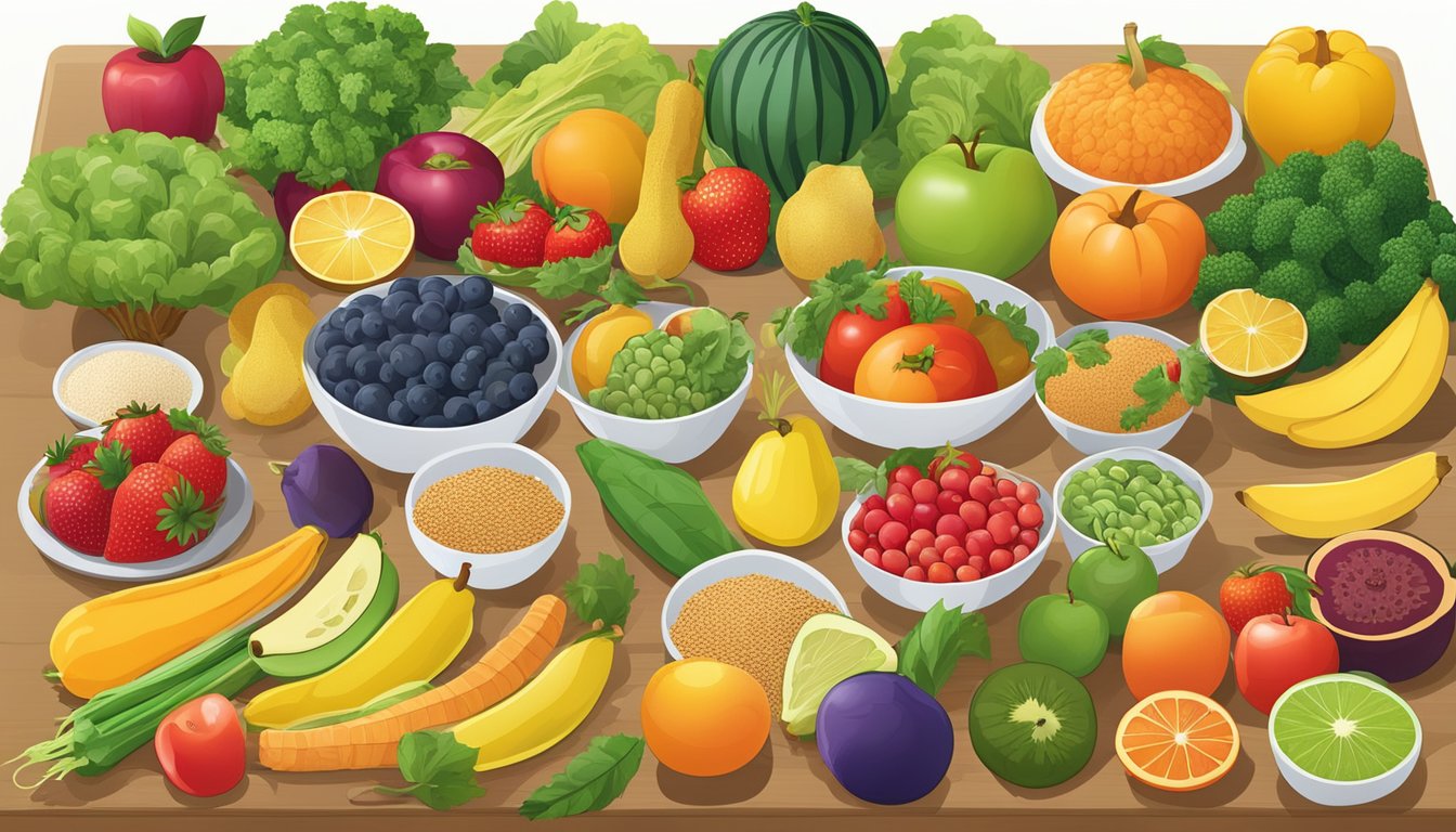 A colorful array of fresh fruits, vegetables, and whole grains arranged on a table, with a variety of healthy meal options displayed