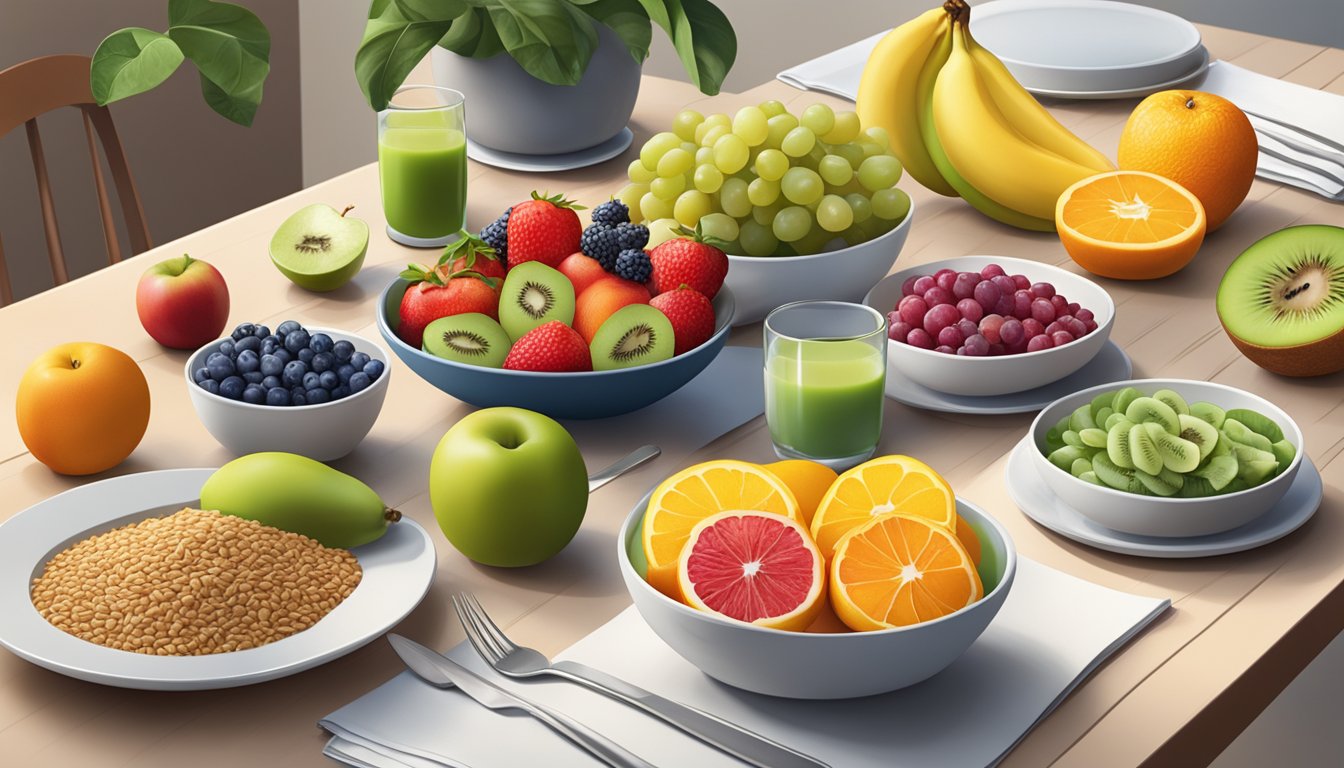 A colorful array of fresh fruits, whole grains, and lean proteins displayed on a clean, modern table setting