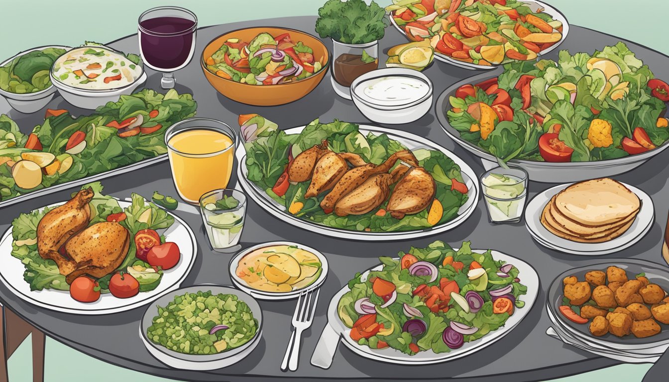 A table set with a variety of healthy food options, including salads, grilled chicken, and vegetable platters, with a menu showcasing customizable meal options