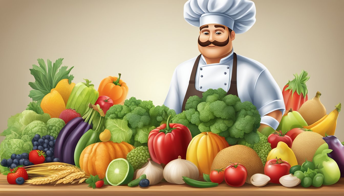 A colorful array of fresh fruits, vegetables, and whole grains arranged on a table, with a chef's hat and apron nearby