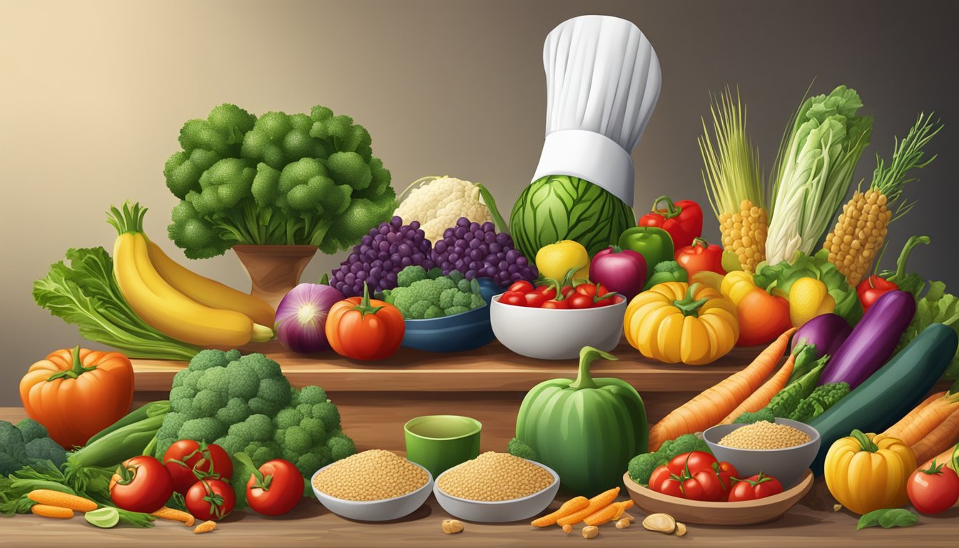 A colorful array of fresh vegetables, fruits, and whole grains arranged on a table, with a chef's hat and apron nearby