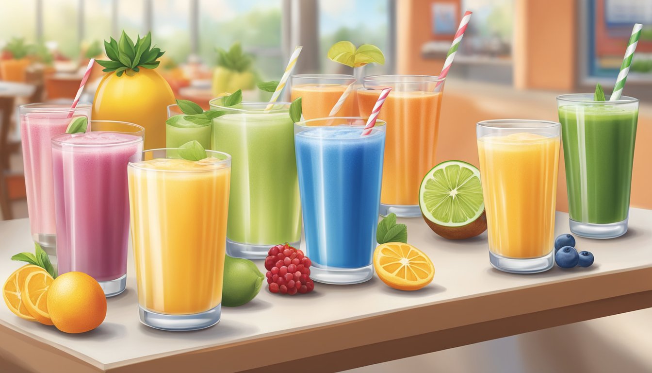 A table set with a variety of healthy beverage options, including fruit smoothies, herbal teas, and freshly squeezed juices, at an IHOP restaurant