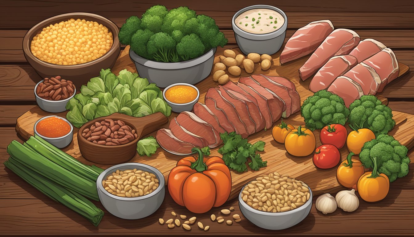 A colorful array of fresh vegetables, lean meats, and whole grains displayed on a rustic wooden table at Texas Roadhouse