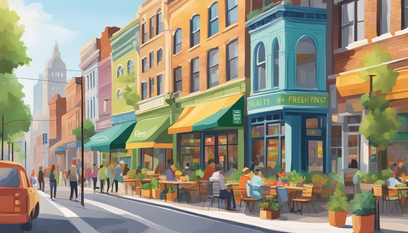 A bustling city street lined with colorful storefronts, featuring outdoor seating and vibrant signage advertising "healthy options" and "fresh ingredients."