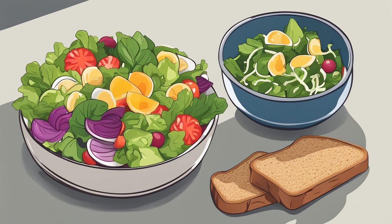 A colorful salad with fresh vegetables and lean protein, alongside a side of whole grain bread and a piece of fruit, arranged on a clean, modern desk