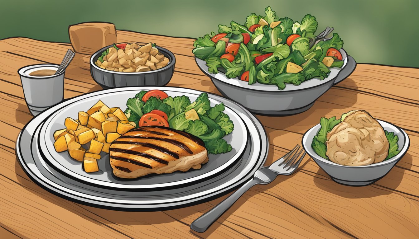 A table set with a grilled chicken salad, steamed vegetables, and a baked potato at Texas Roadhouse