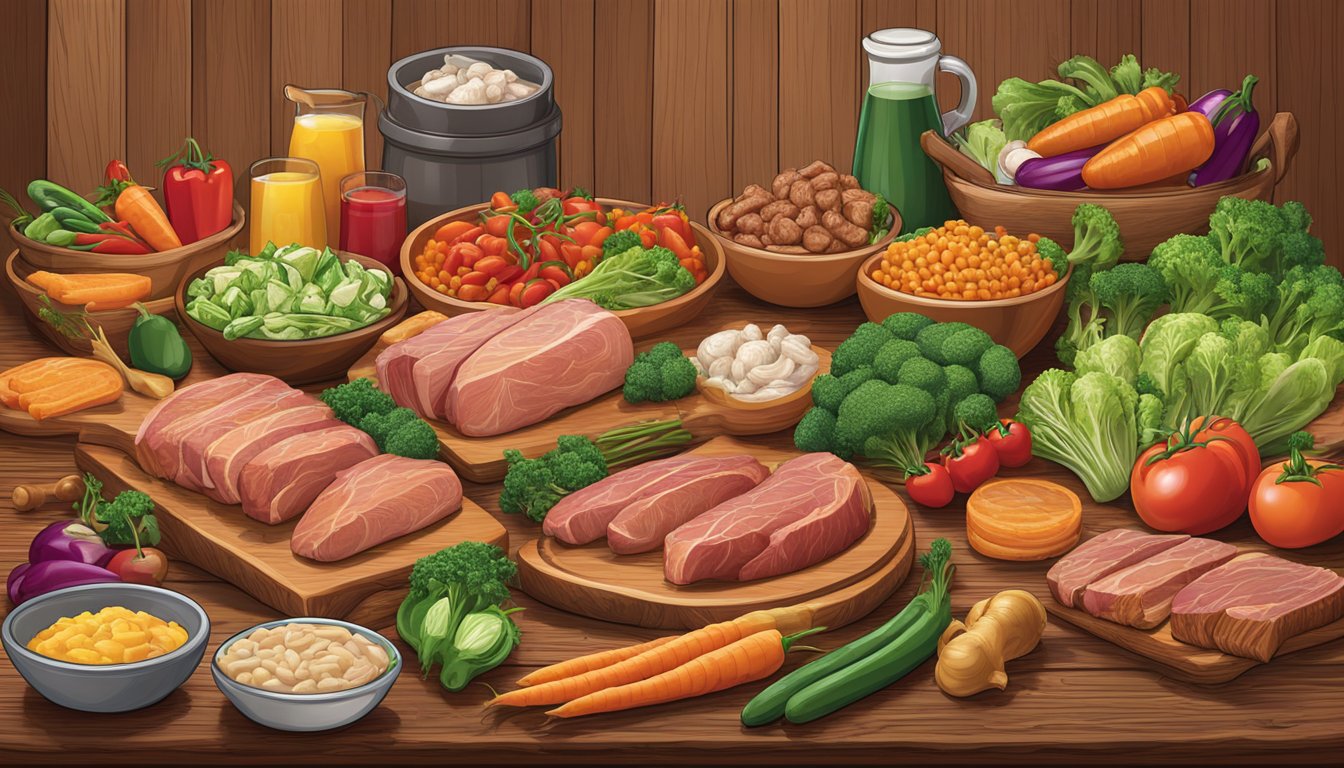 A colorful array of fresh vegetables and lean meats displayed on a wooden table at a Texas Roadhouse restaurant