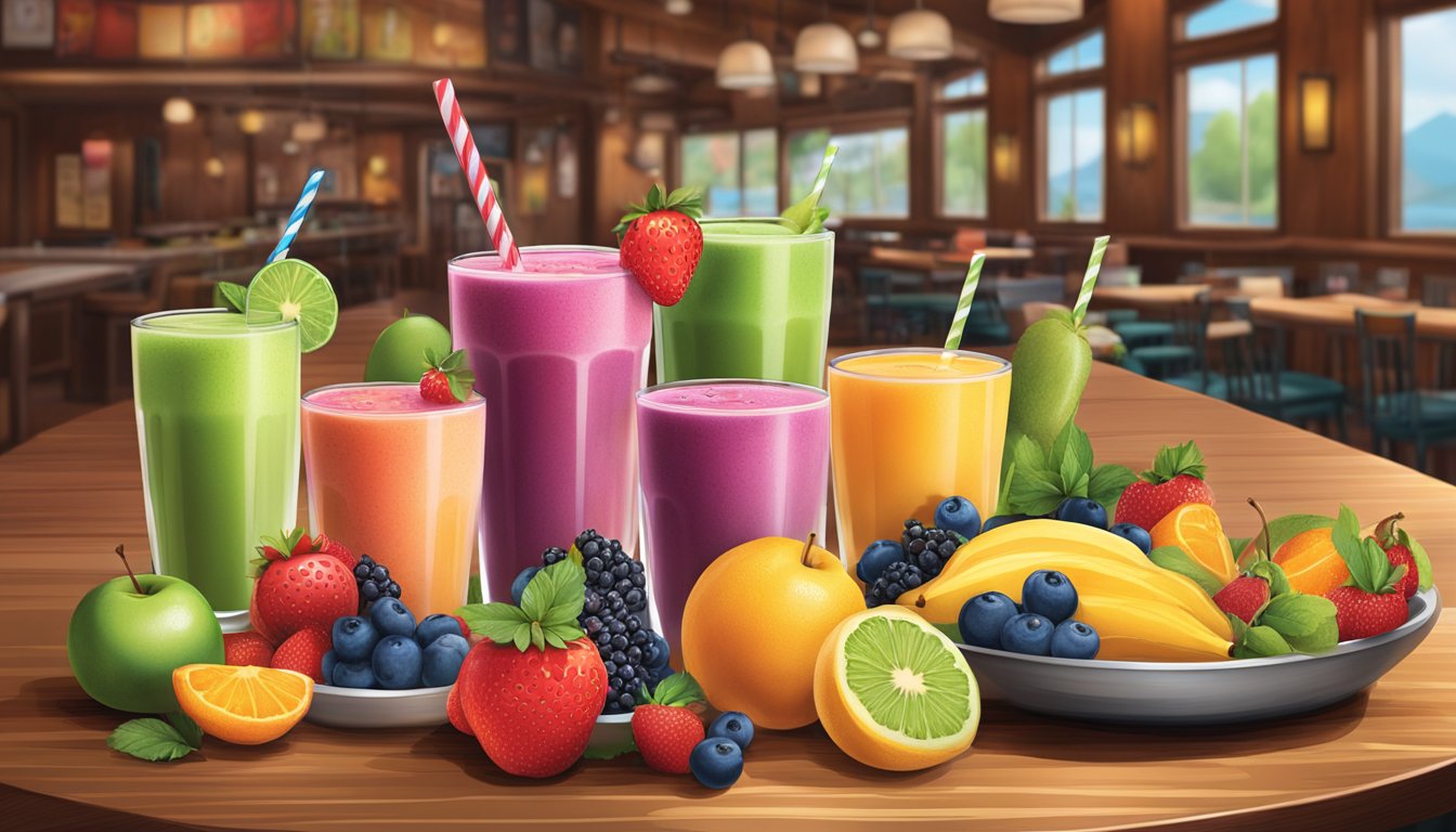 A table set with fresh fruit and a variety of colorful smoothies at Texas Roadhouse