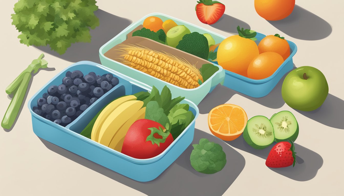 A colorful array of fresh fruits, vegetables, and whole grains arranged neatly on a desk next to a water bottle and a reusable lunch container