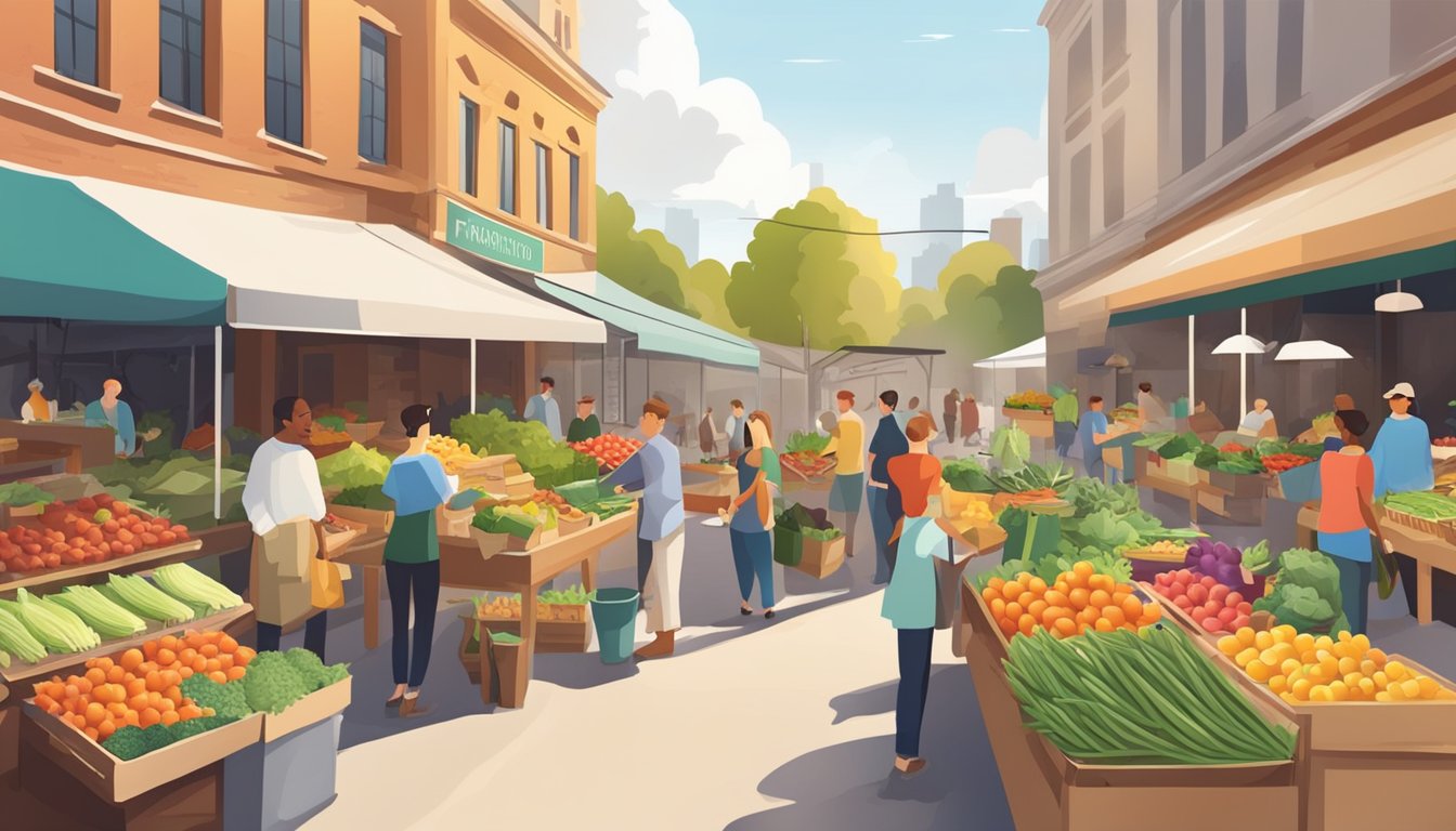 A bustling farmers market with colorful stalls selling fresh produce and a sign for a nearby restaurant offering seasonal and local healthy options