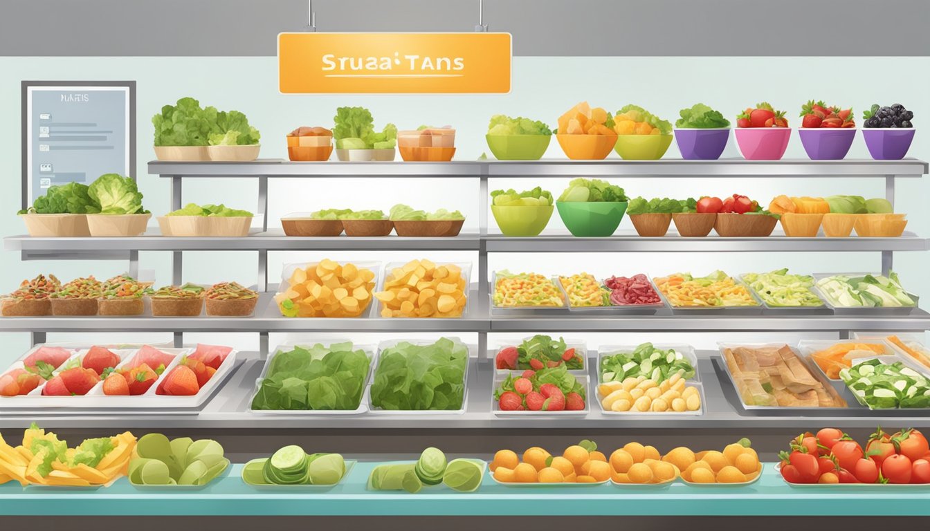 A variety of colorful and fresh food items are displayed on a clean, modern counter, with labels indicating different categories such as salads, wraps, and fruit cups