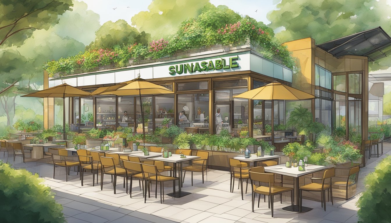 A bustling restaurant with outdoor seating, surrounded by lush greenery and solar panels on the roof. A sign proudly displays "Supporting Sustainable Restaurants" with a variety of healthy menu options