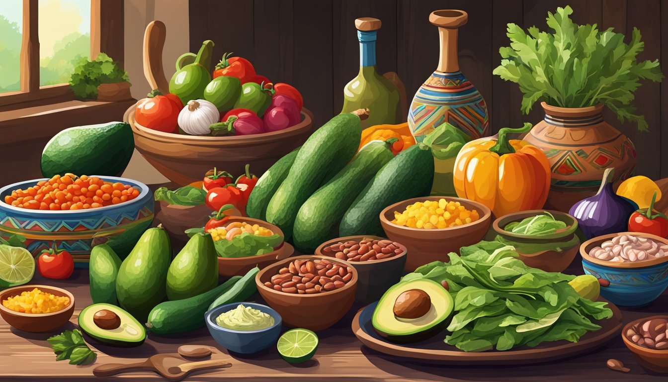 A colorful array of fresh vegetables, avocados, beans, and lean meats arranged on a rustic wooden table, with vibrant Mexican pottery and traditional cooking utensils nearby