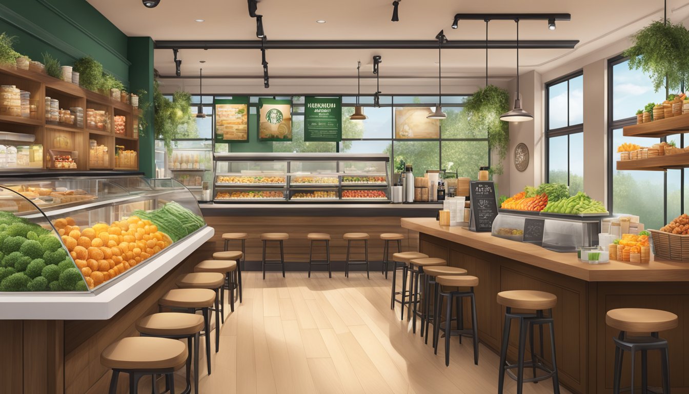 A cozy Starbucks café with a display of seasonal and limited-edition healthy food and drink options