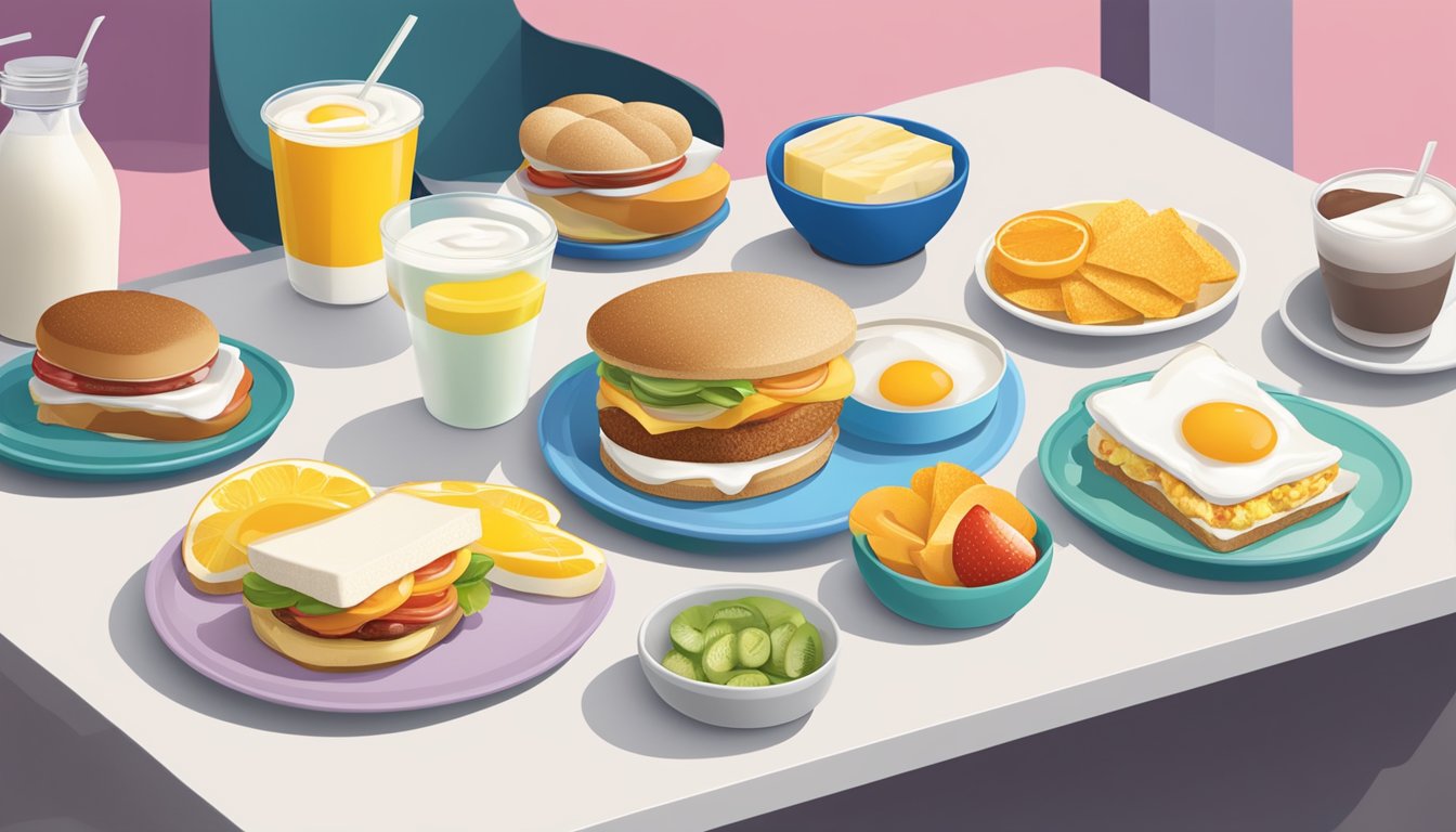 A table with a variety of healthy breakfast options from McDonald's, including yogurt, fruit, oatmeal, and egg white sandwiches, displayed on colorful plates and trays