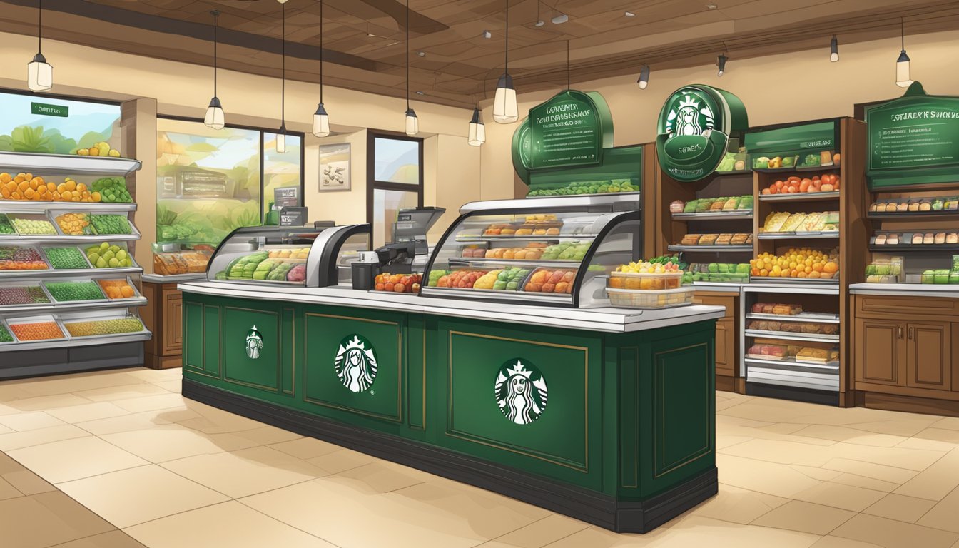 A Starbucks store with a prominent "Rewards Program" sign and displays of fresh fruits and salads alongside the usual pastry and coffee offerings