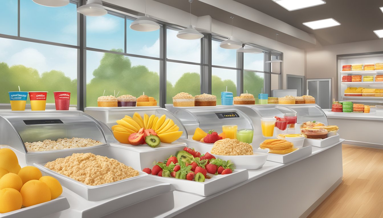 A colorful display of fresh fruit, yogurt parfaits, and oatmeal options alongside classic breakfast sandwiches at a McDonald's restaurant