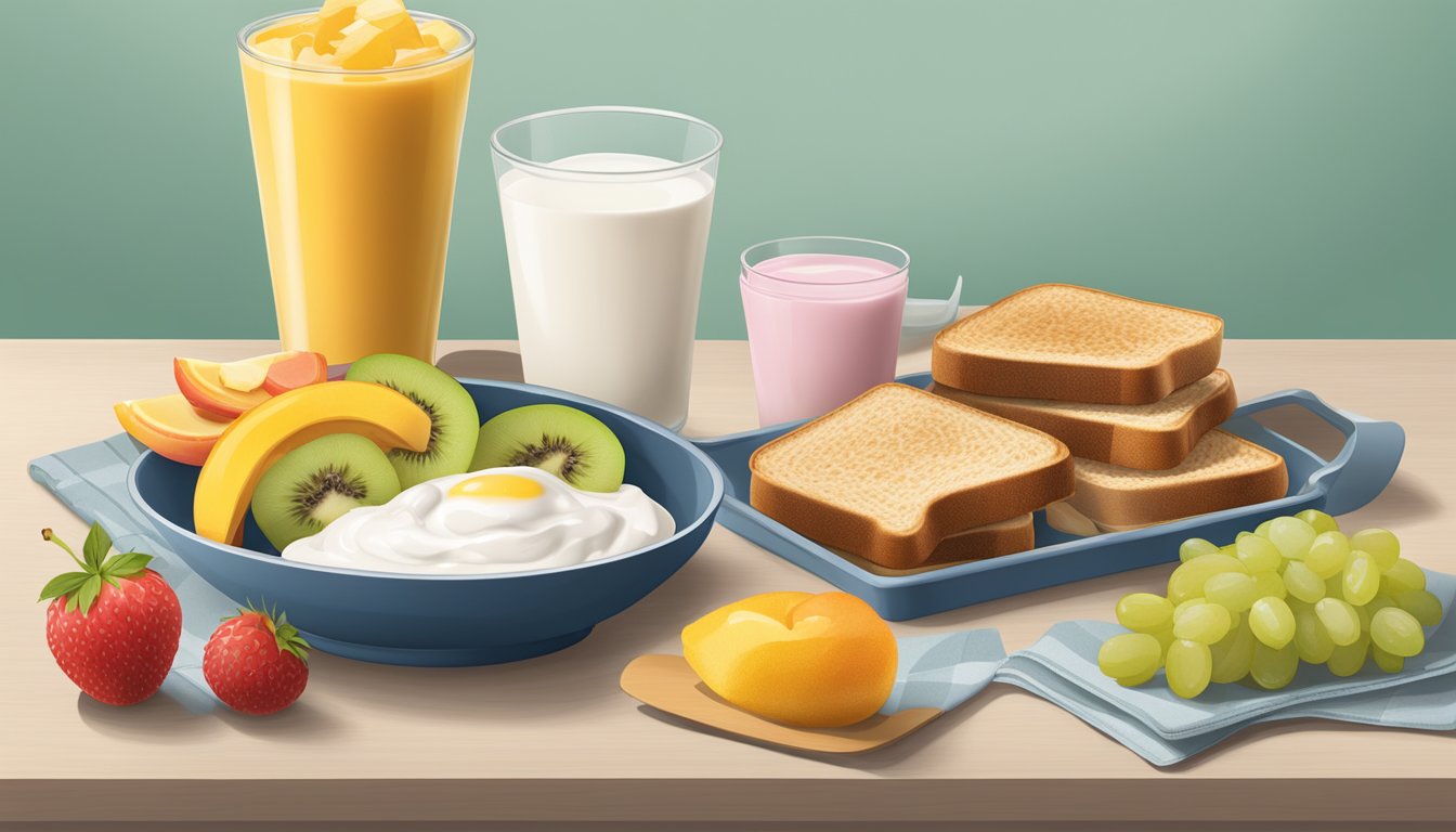 A table set with colorful fruits, whole grain toast, and yogurt alongside a McDonald's breakfast menu