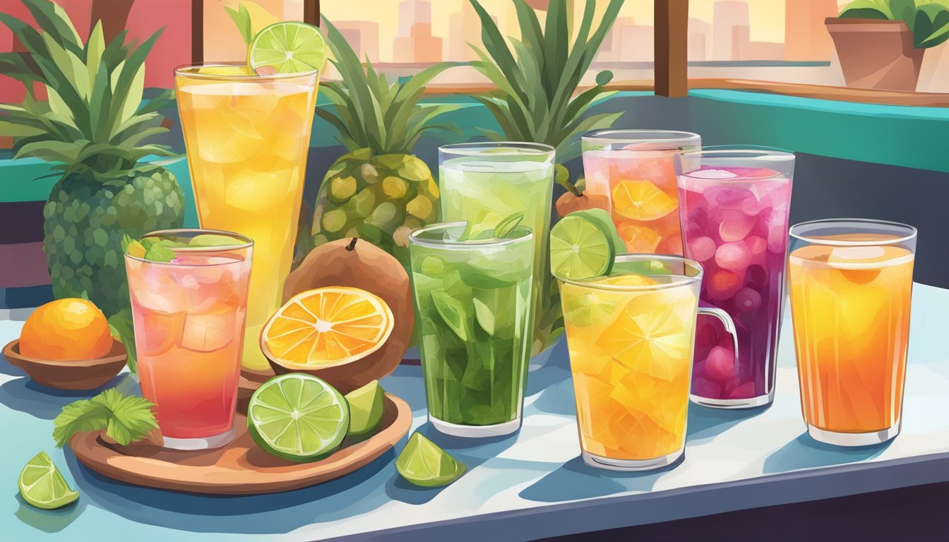 A table with colorful fruit-infused waters, fresh juices, and herbal teas at a vibrant Mexican restaurant