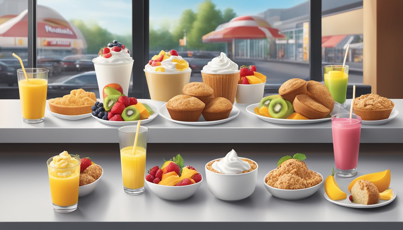 A colorful display of fresh fruits, whole grain muffins, and yogurt parfaits alongside classic breakfast items at a McDonald's restaurant