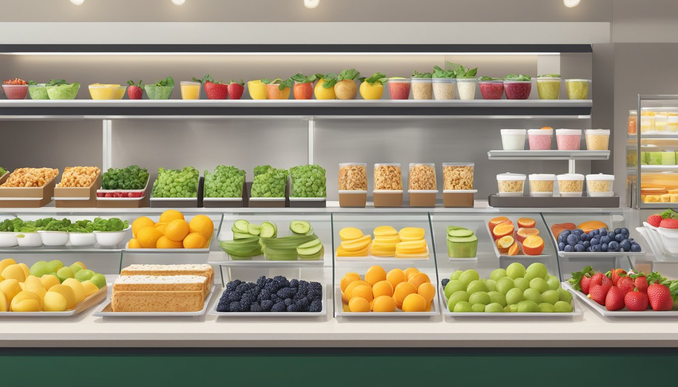 A colorful array of fresh fruits, granola, and yogurt displayed next to a variety of salads and sandwiches at a Starbucks counter