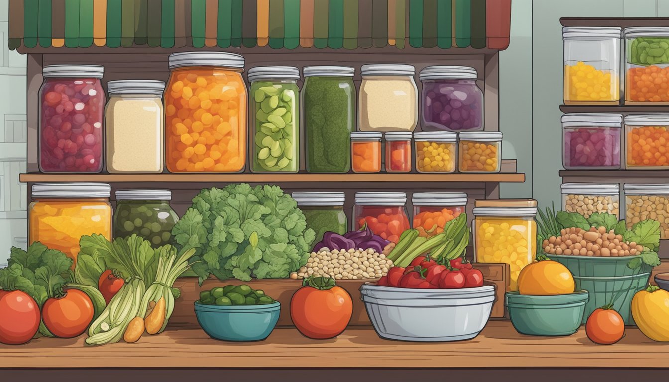 A Mexican restaurant with a variety of fresh, colorful vegetables and fruits on display, alongside locally-sourced grains and legumes. Glass containers hold homemade salsas and sauces, while reusable utensils and biodegradable to-go containers are prominently featured