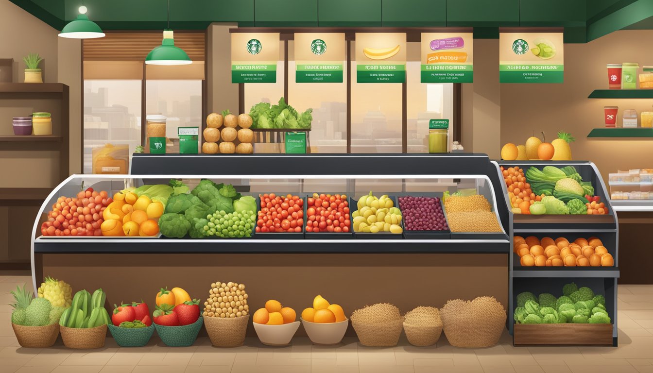 A colorful display of fresh fruits, vegetables, and whole grains at a Starbucks counter