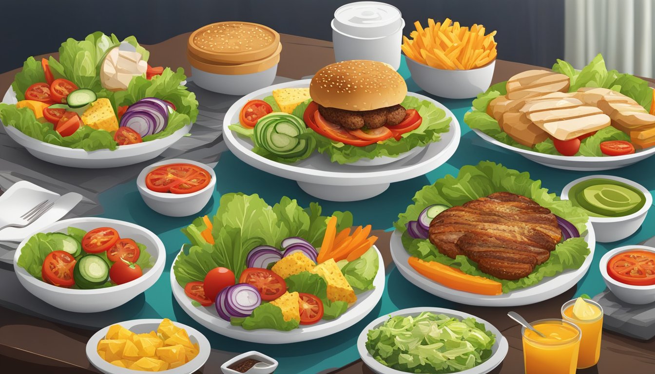 A table set with a variety of colorful and fresh ingredients, including salads, grilled chicken, and veggie burgers, all arranged in an inviting and appetizing display