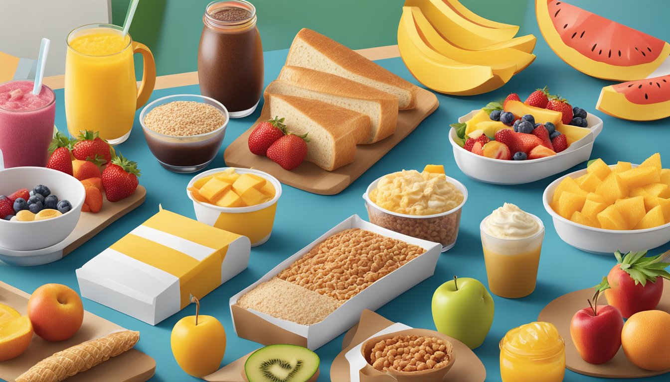 A colorful array of fresh fruits and whole grain options displayed alongside classic breakfast items at McDonald's