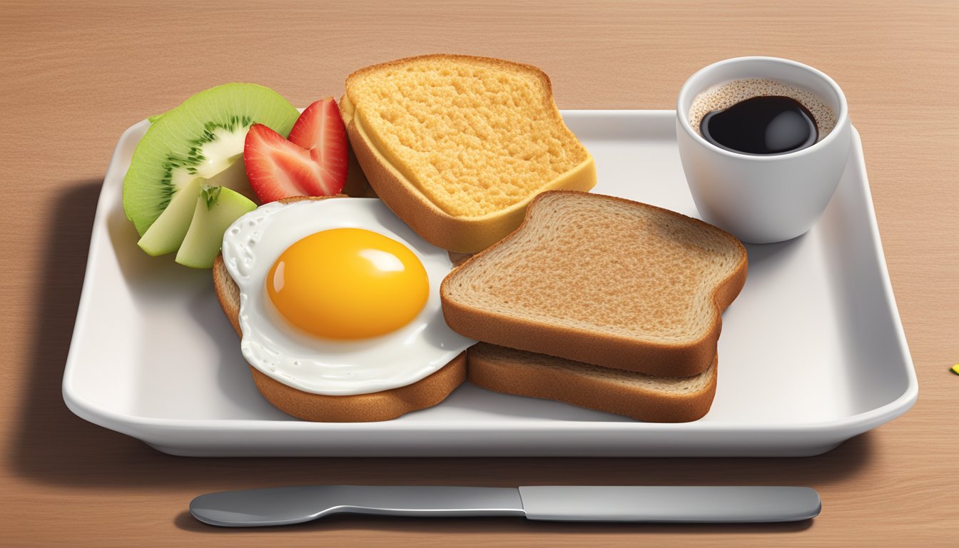 A breakfast plate with a balanced portion of eggs, fruit, and whole grain toast, next to a calorie chart at McDonald's