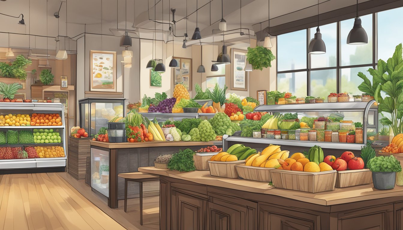 A colorful array of fresh fruits, vegetables, and whole grains displayed alongside a variety of herbal teas and smoothies at a bustling Starbucks cafe