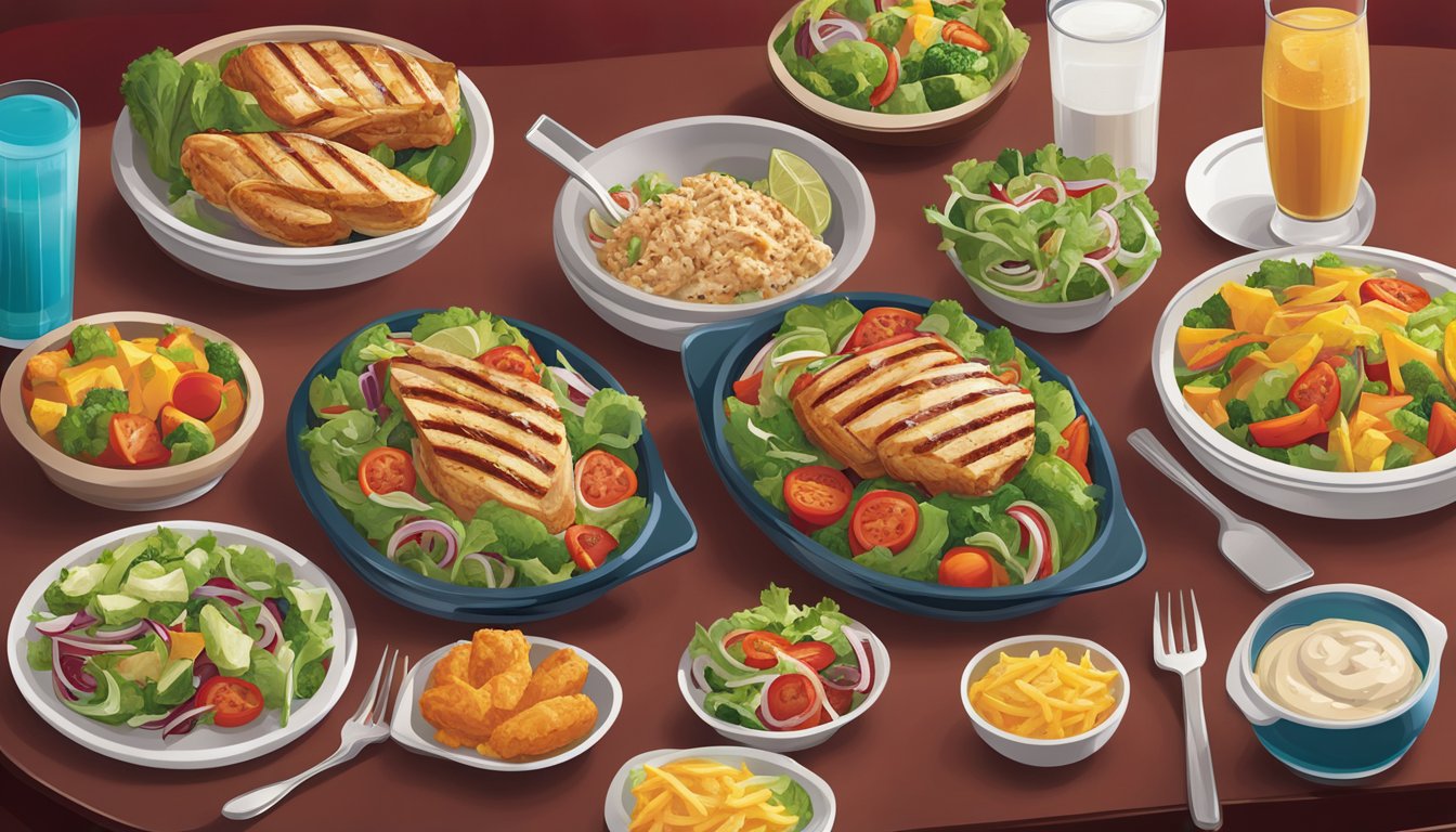 A table set with a variety of healthy meal options, including salads, grilled chicken, and vegetable sides, at a Red Robin restaurant