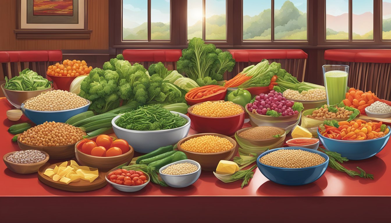 A table set with a variety of fresh vegetables, lean proteins, and whole grains at a Red Robin restaurant