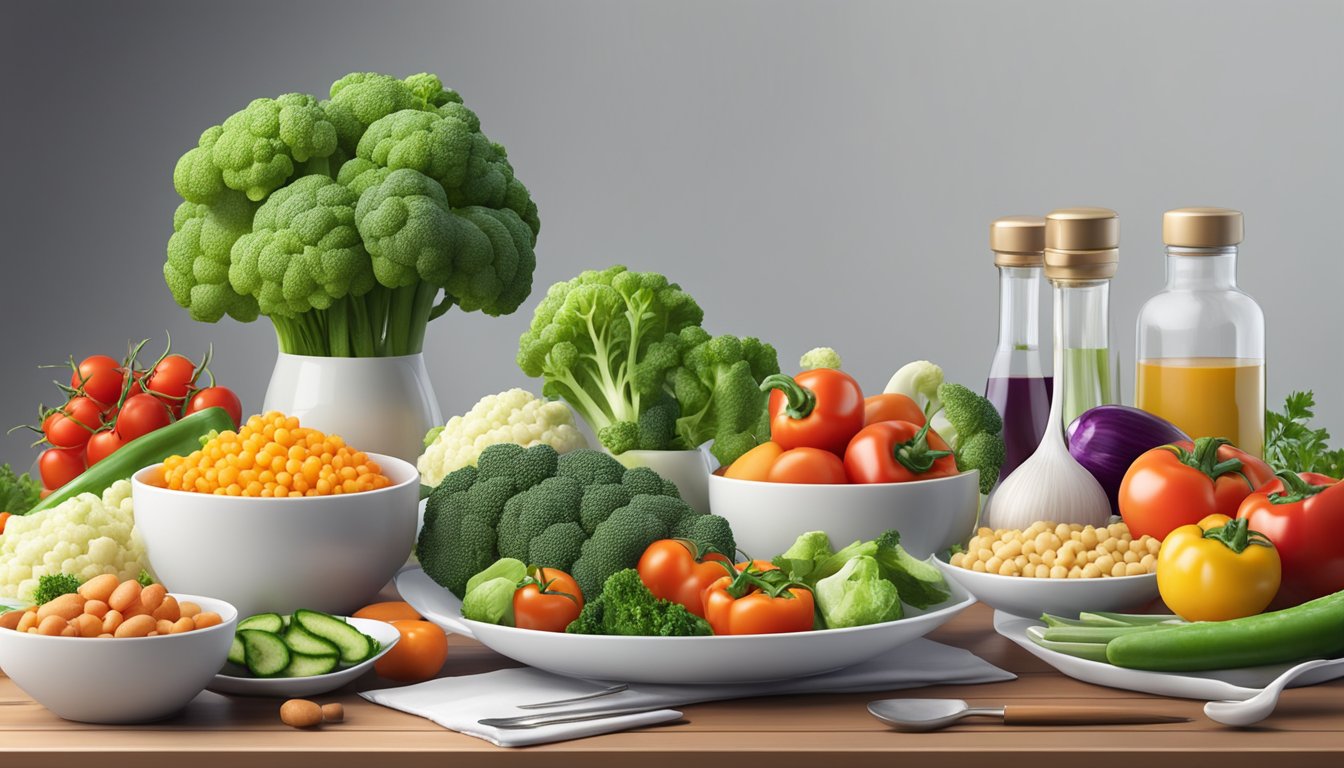 A colorful array of fresh vegetables and lean proteins displayed on a clean, modern table setting