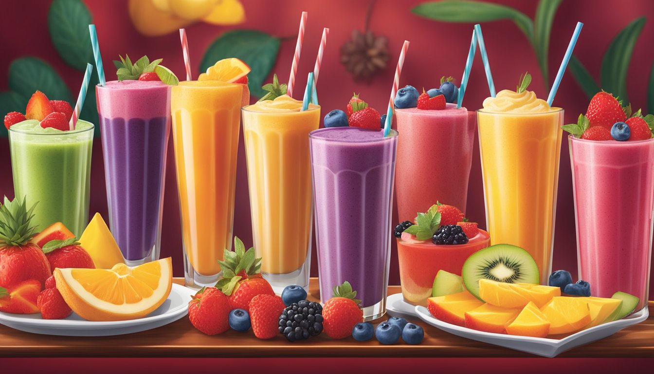 A colorful display of fresh fruit smoothies and vibrant fruit platters surrounded by decadent-looking, yet healthy, dessert options at a Red Robin restaurant