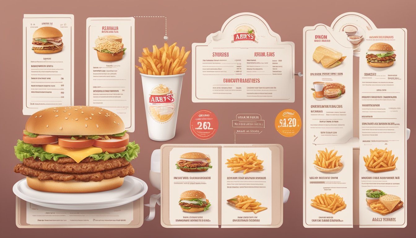 A spread of Arby's menu items surrounded by nutritional information labels