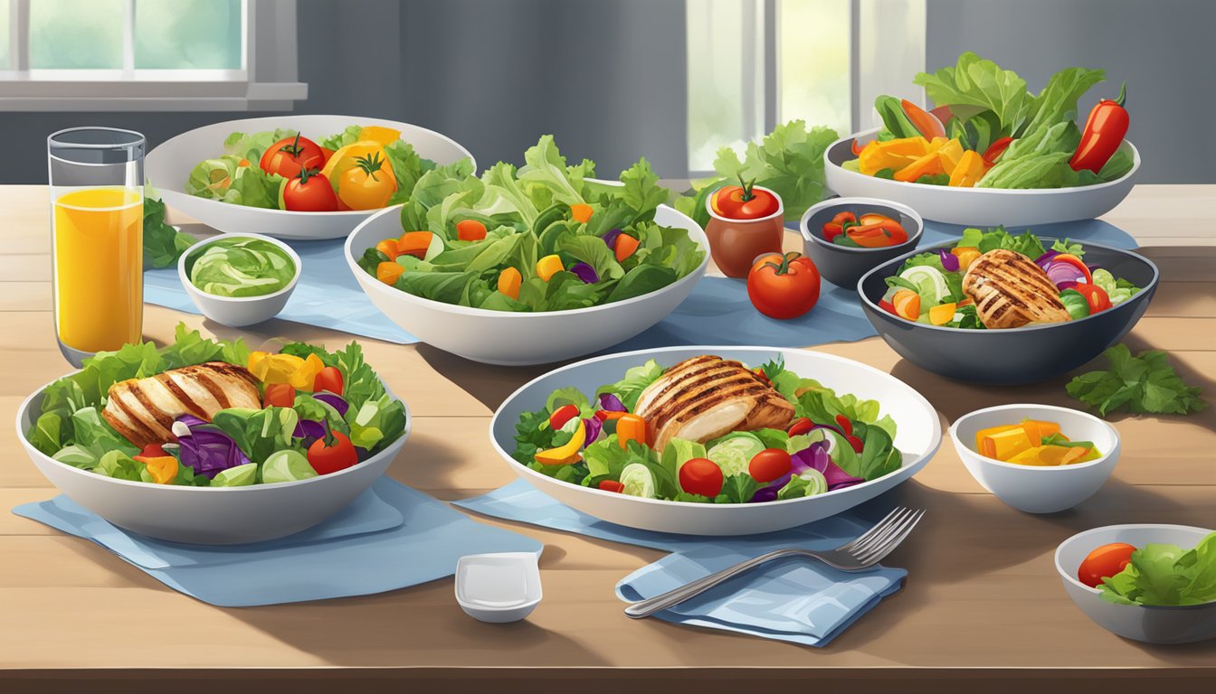 A colorful array of fresh salads, grilled chicken, and vibrant vegetables displayed on a clean, modern table setting