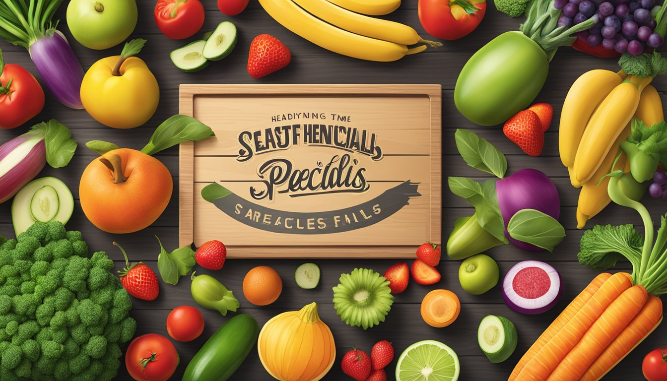 A vibrant display of fresh, colorful fruits and vegetables arranged on a wooden table, with a sign promoting seasonal and limited-time healthy specials at Red Robin