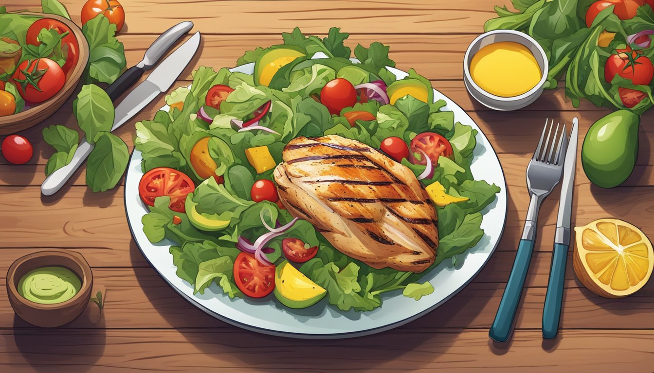 A colorful plate of fresh salad and grilled chicken sits on a wooden table, surrounded by vibrant, healthy ingredients like avocado, tomatoes, and mixed greens