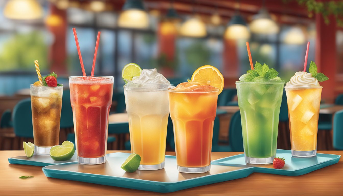 A table with a variety of healthy beverage options at a Red Robin restaurant