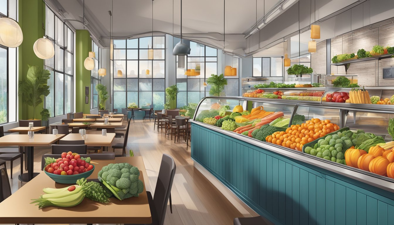 A vibrant, bustling restaurant scene with fresh, colorful fruits and vegetables on display, alongside lean proteins and whole grains, all set against a backdrop of clean, modern decor