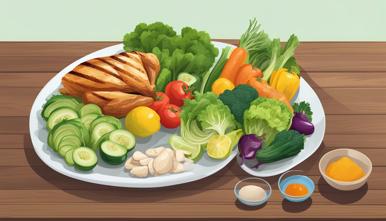 A colorful spread of fresh vegetables and fruits, with a plate of grilled chicken and a small bowl of low-sodium seasoning, all arranged on a wooden table