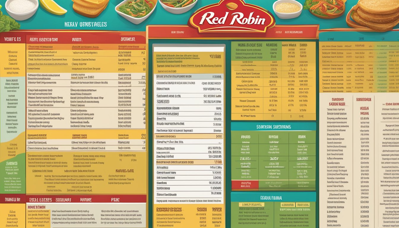 A colorful menu board displays nutritional information and allergens for healthy options at Red Robin